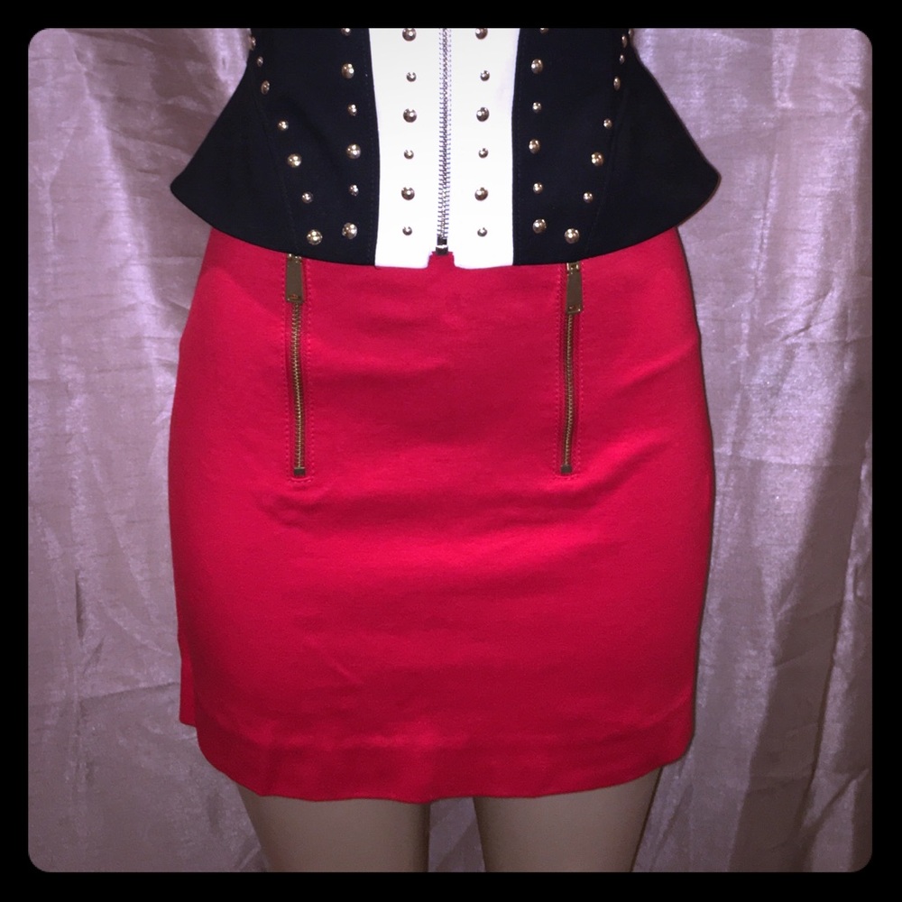 Express Red Mini Pencil Skirt w/ Gold Zip& Buttons